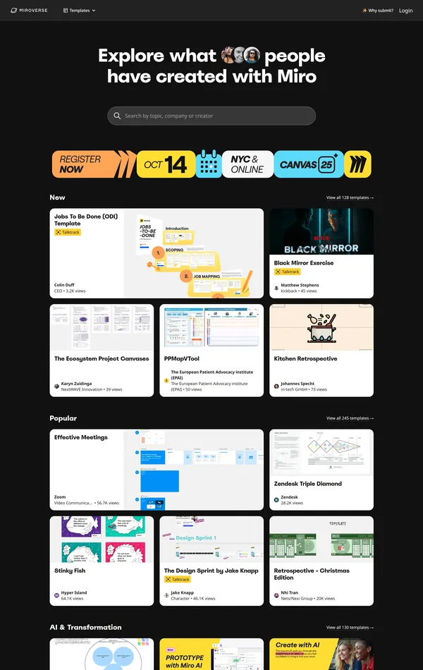 Каталог Miro, тематика — SaaS, цвета — Белый, Черный, Серый, стиль — Корпоративный, типографика — Без засечек
