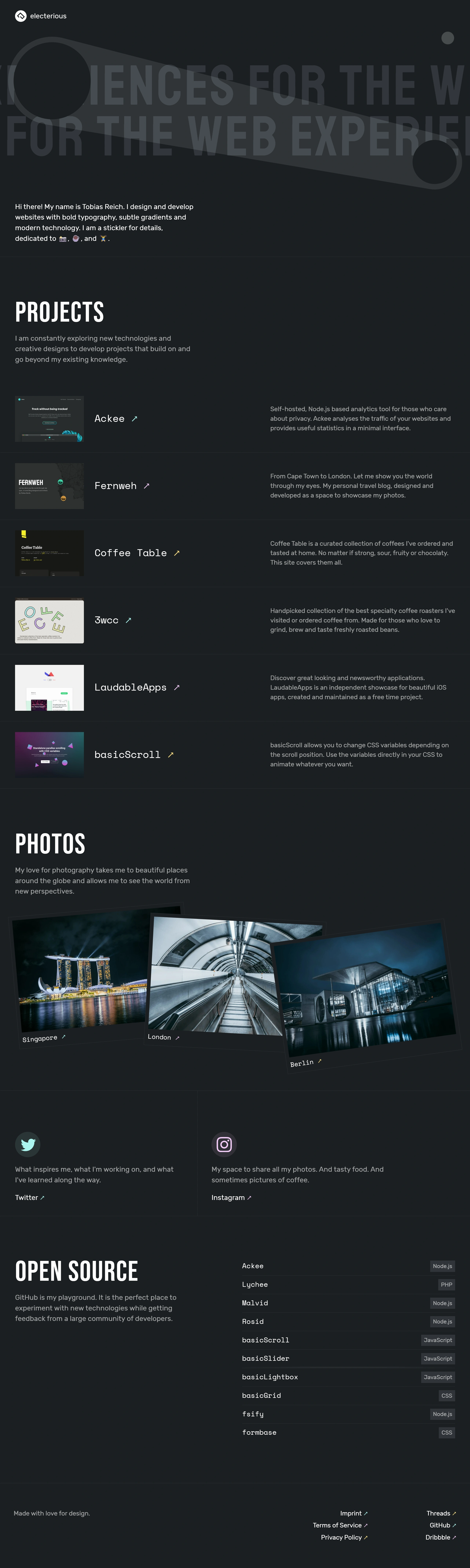 Electerious Портфолио Electerious, тематика — IT и программное обеспечение, цвета — Черный, стиль — Минимализм, Типографика, типографика — Без засечек