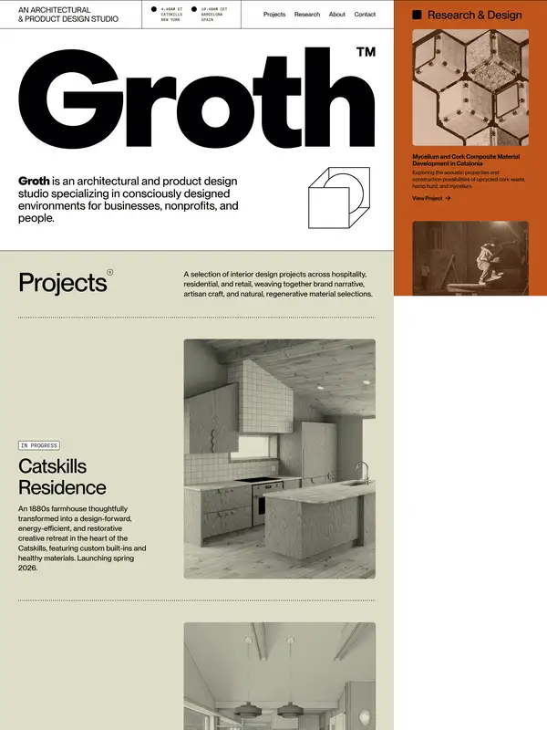 Портфолио Groth Studio, тематика — Дизайн, цвета — Белый, Серый, стиль — Минимализм, Брутализм, типографика — Без засечек, Декоративные