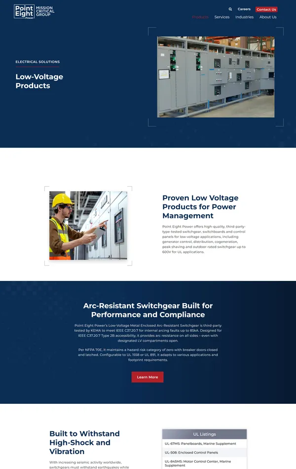 Продукт Point Eight Power, тематика — Производство, цвета — Белый, Черный, стиль — Корпоративный, типографика — Без засечек