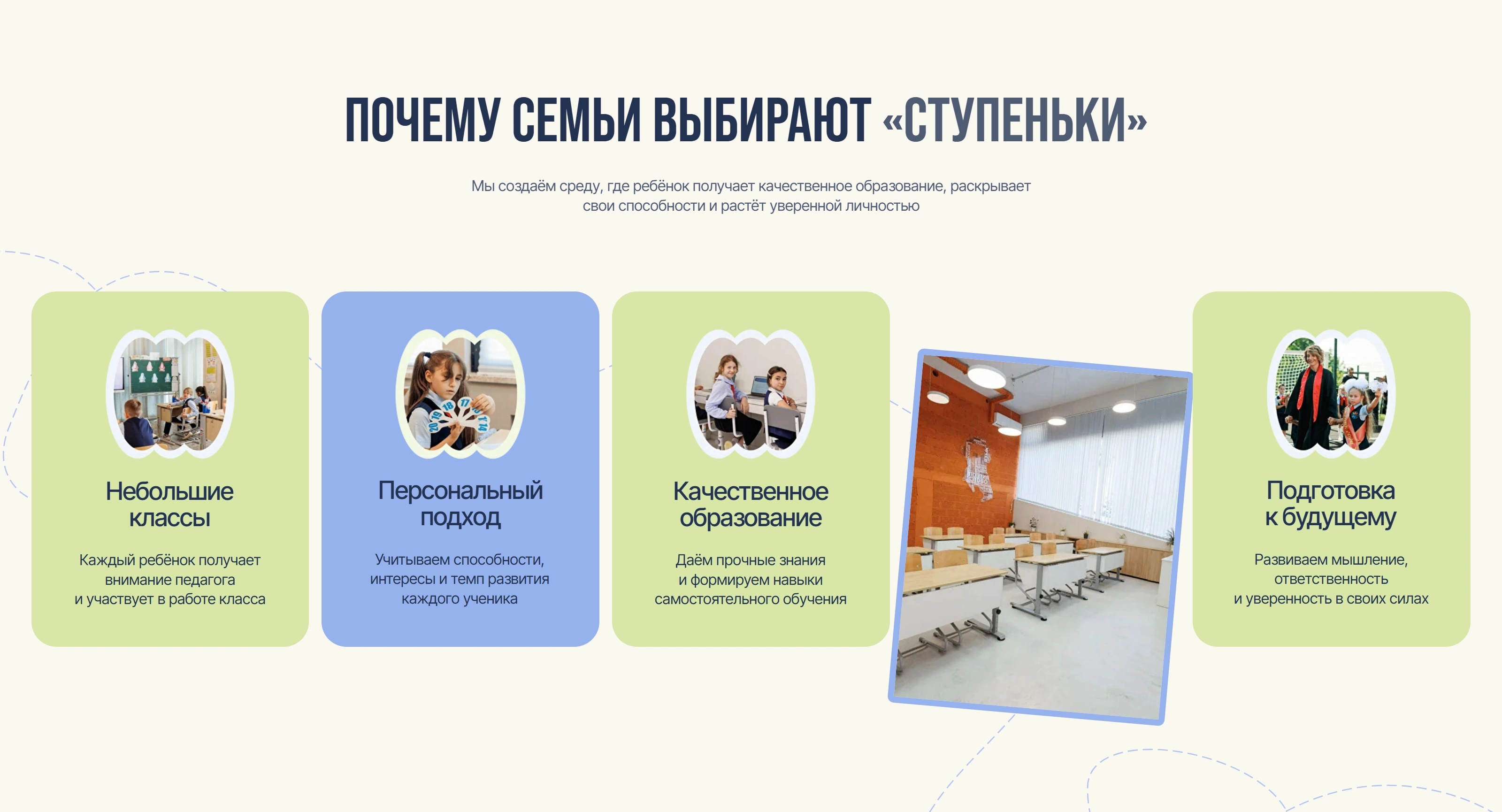 Ступеньки Секция «Преимущества» с сайта https://school-stupenki.ru/, тематика — Образование, цвета — Белый, Серый, Желтый, стиль — Корпоративный, Карточный, типографика — Без засечек