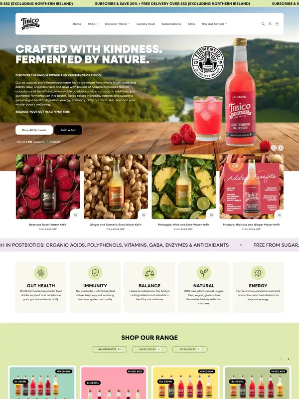 Главная Tibico Fermentary, тематика — Здоровье и фитнес, цвета — Белый, Серый, Коричневый, стиль — Карточный, Органический и природный, типографика — Без засечек