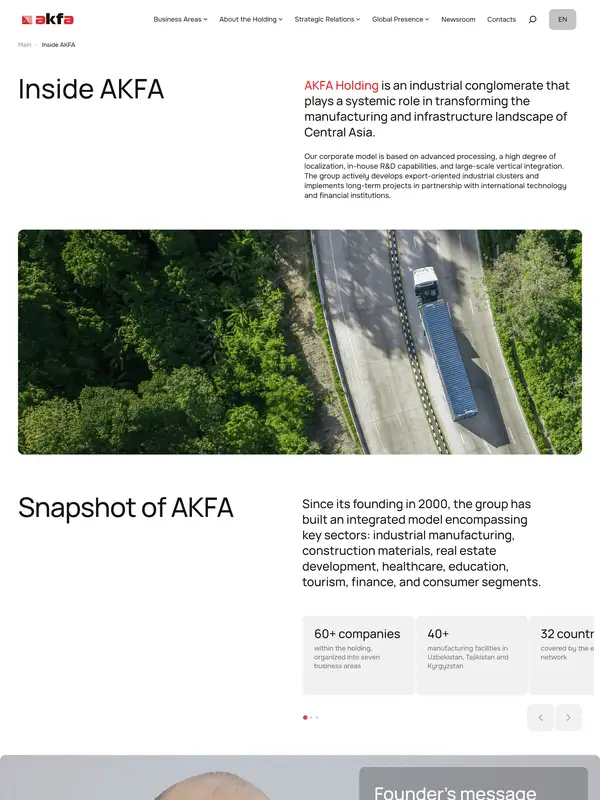 Страница о компании AKFA Holding, тематика — Бизнес и профессиональные услуги, цвета — Белый, Черный, Серый, стиль — Корпоративный, Минимализм, типографика — Без засечек