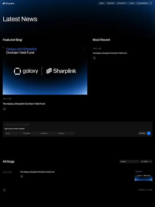 Новости Sharplink, тематика — Крипто  и блокчейн, цвета — Черный, Синий, стиль — Корпоративный, Минимализм, типографика — Без засечек