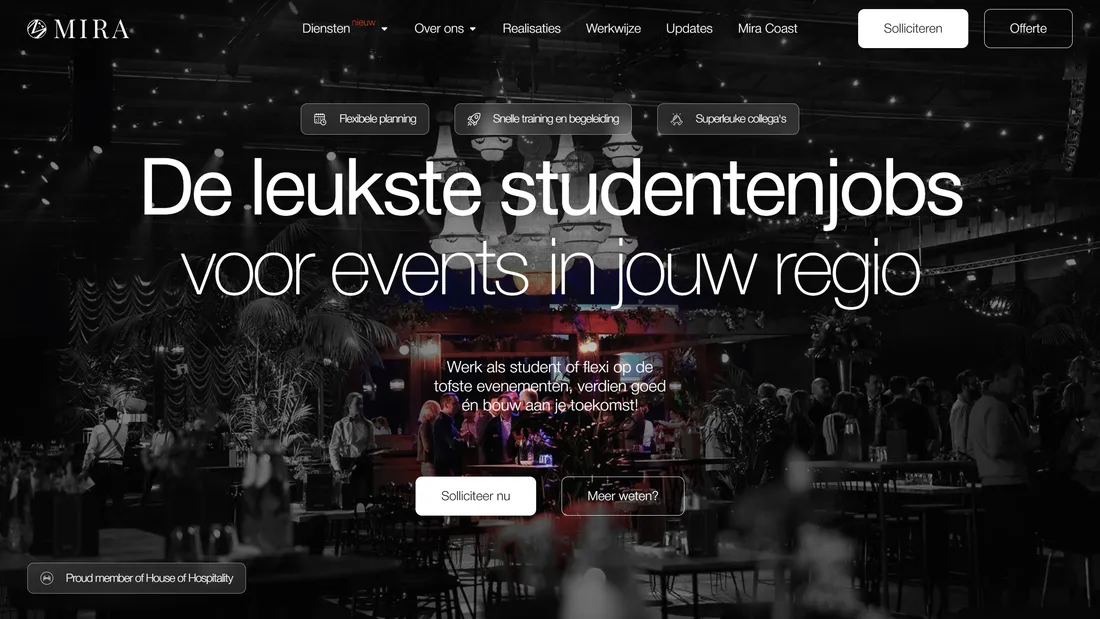 Секция «Первый экран» с сайта https://mira-eventsupport.be/, тематика — Мероприятия, цвета — Черный, стиль — Корпоративный, Минимализм, Типографика, типографика — Без засечек