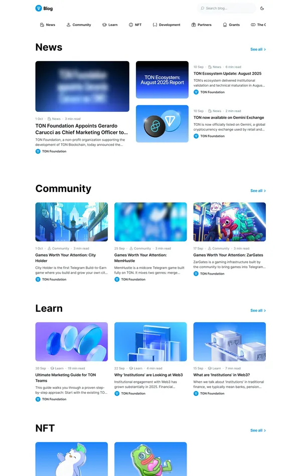 Блог TON, тематика — Крипто  и блокчейн, цвета — Белый, стиль — Корпоративный, типографика — Без засечек