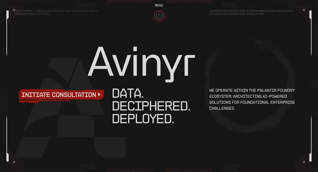Секция «Первый экран» с сайта https://www.avinyr.com/, тематика — SaaS, цвета — Черный, стиль — Корпоративный, типографика — Без засечек, Декоративные