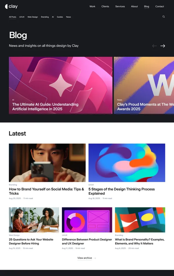 Блог Clay, тематика — Дизайн, Агентство , цвета — Белый, Черный, Серый, стиль — Полигональный, типографика — Без засечек