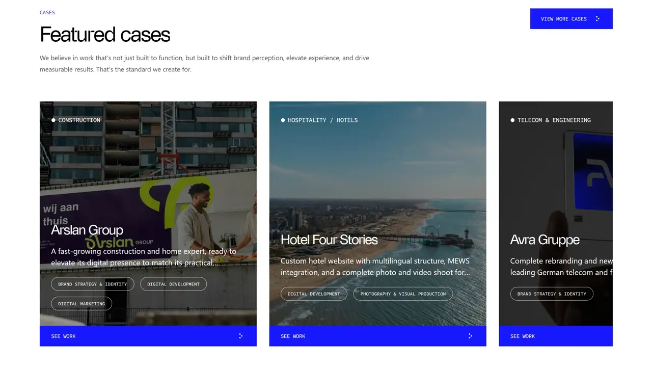 Секция «Кейсы» с сайта https://www.hatamex.agency/en, тематика — Агентство , цвета — Белый, Черный, Серый, стиль — Корпоративный, Карточный, типографика — Без засечек