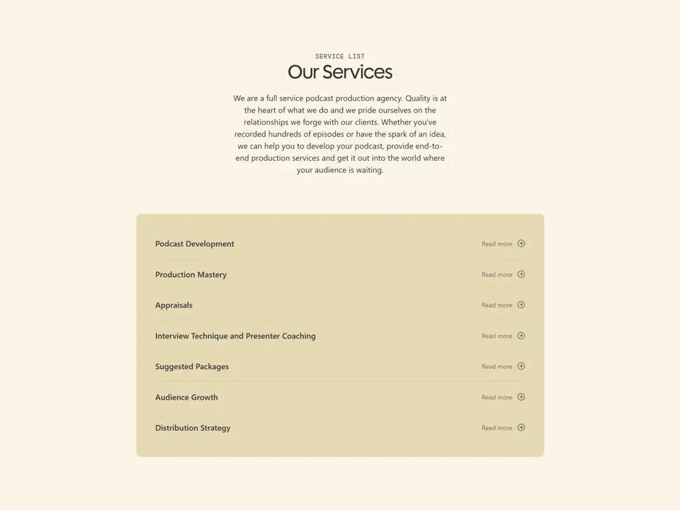 Секция «Услуги» с сайта https://thepodcastcoach.co.uk/, тематика — Агентство , цвета — Белый, стиль — Корпоративный, Минимализм, типографика — Без засечек