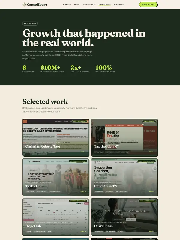 Портфолио CauseHouse, тематика — Некоммерческая деятельность, цвета — Бежевый, стиль — Корпоративный, Органический и природный, типографика — Без засечек