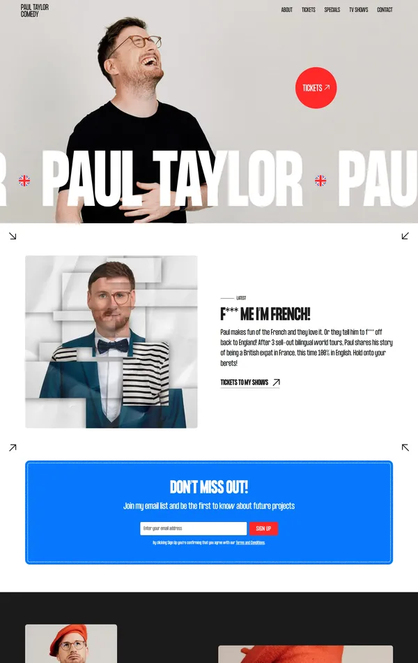 Лендинг Paul Taylor Comedy, тематика — Мероприятия, Развлечения, цвета — Белый, Черный, Серый, стиль — Минимализм, Типографика, типографика — Без засечек