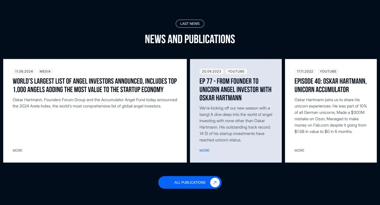 Секция «Новости» с сайта https://hartmann.holdings/, тематика — Другое, цвета — Белый, Черный, Серый, стиль — Корпоративный, Карточный, типографика — Без засечек