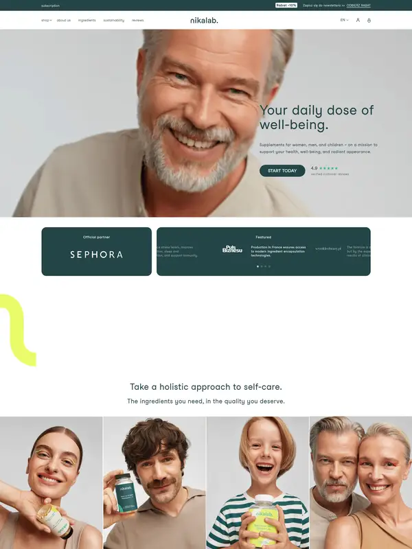 Главная nikalab, тематика — Здоровье и фитнес, цвета — Белый, Серый, стиль — Корпоративный, Минимализм, типографика — Без засечек