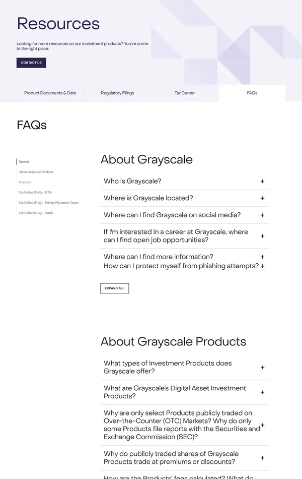 Секция «FAQ» с сайта https://www.grayscale.com/, тематика — Крипто  и блокчейн, цвета — Белый, стиль — Корпоративный, Минимализм, типографика — Без засечек