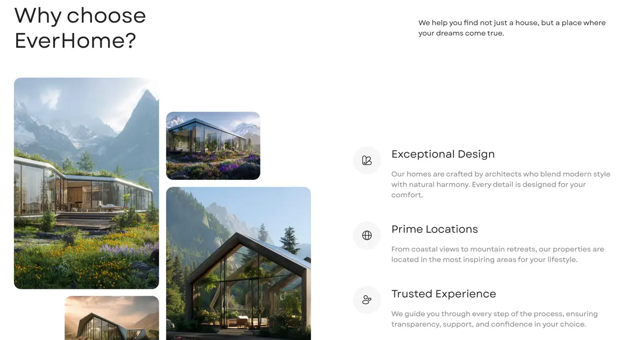 Секция «Преимущества» с сайта https://real-estate-gapsy.webflow.io/, тематика — Недвижимость, цвета — Белый, Черный, Серый, стиль — Минимализм, Органический и природный, типографика — Без засечек