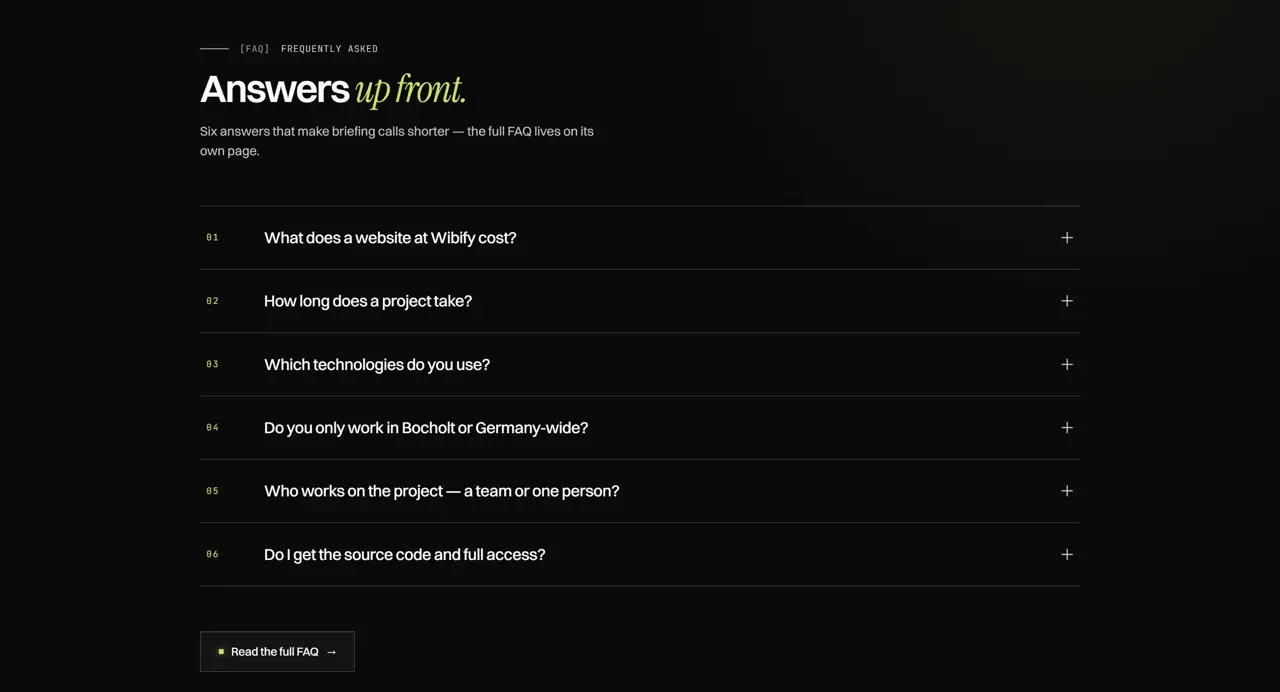 Секция «FAQ» с сайта https://wibify.agency/en, тематика — Агентство , цвета — Черный, стиль — Минимализм, типографика — Без засечек