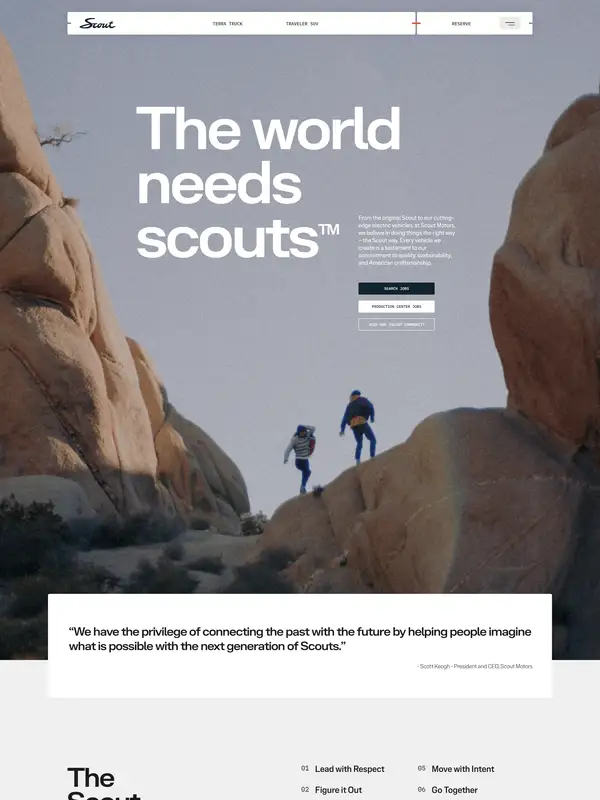 Страница карьеры Scout Motors, тематика — Другое, цвета — Белый, Черный, Серый, стиль — Корпоративный, Минимализм, типографика — Без засечек