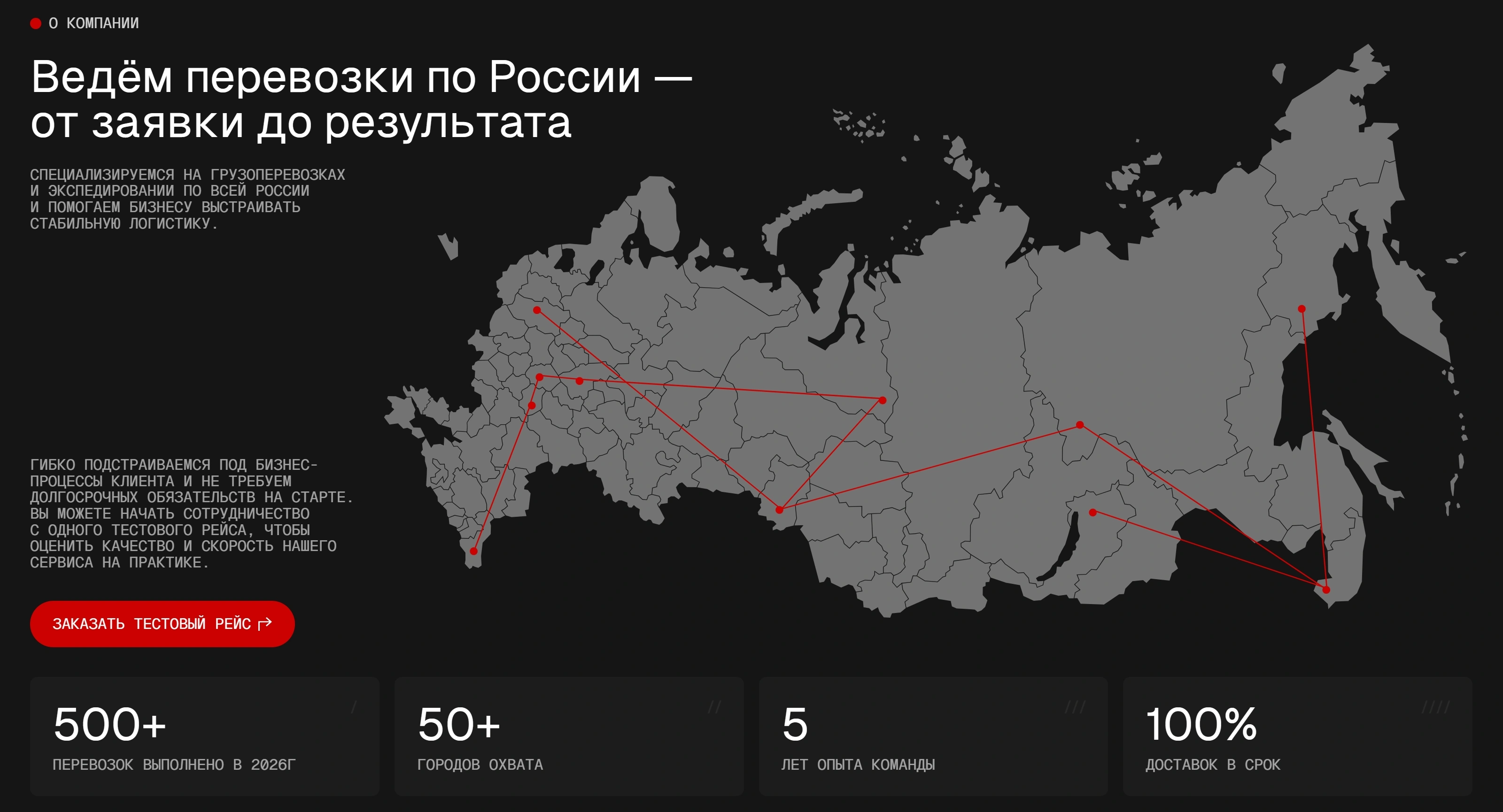 ТЭК Главный Путь Секция «О компании» с сайта https://xn----7sbgc6ajqs1aj8fra.xn--p1ai/, тематика — Логистика, цвета — Черный, Серый, стиль — Корпоративный, Минимализм, типографика — Без засечек