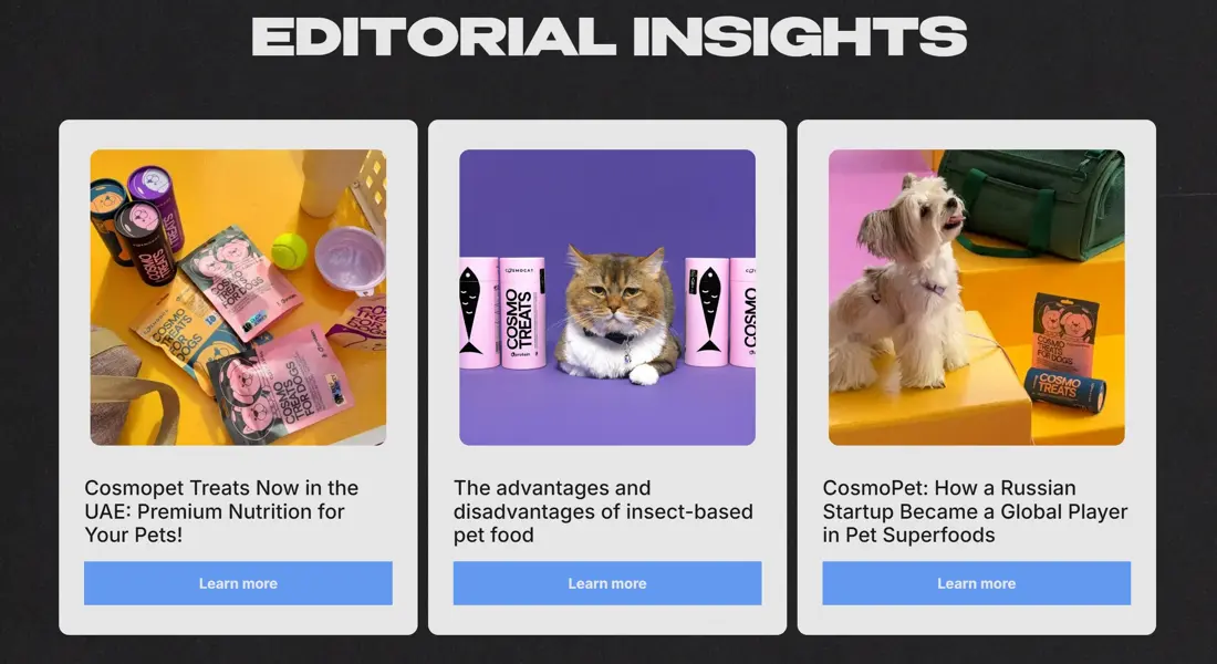 Секция «Контент» с сайта https://eprotein.ru/eng, тематика — Домашние животные, цвета — Белый, Черный, Серый, стиль — Брутализм, типографика — Без засечек