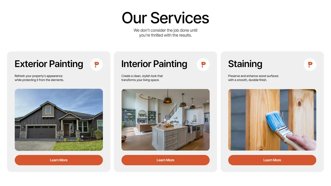Секция «Услуги» с сайта https://www.paintpaulcompany.com/, тематика — Строительство, цвета — Белый, Серый, стиль — Корпоративный, типографика — Без засечек