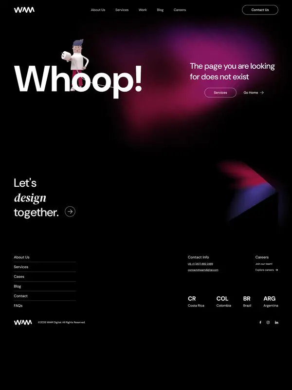 404-страница WAM Digital, тематика — Агентство , цвета — Черный, стиль — Корпоративный, Минимализм, типографика — Без засечек, Декоративные