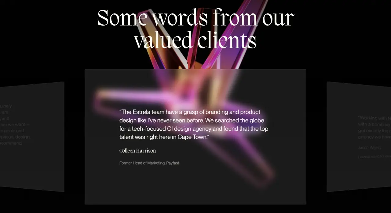 Секция «Отзывы» с сайта https://estrela.studio/, тематика — Агентство , цвета — Черный, Серый, стиль — Минимализм, типографика — С засечками, Декоративные