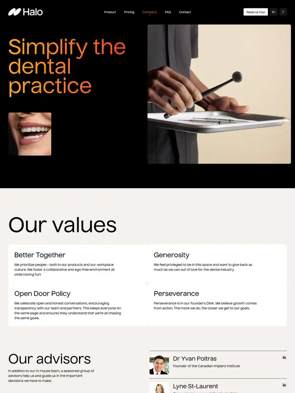 Страница о компании Halo Dental Technologies, тематика — Здоровье и фитнес, цвета — Белый, Черный, стиль — Корпоративный, Минимализм, типографика — Без засечек