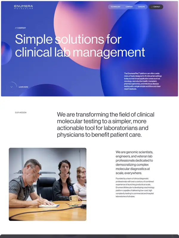Страница о компании Enumera Molecular, тематика — Другое, цвета — Белый, Черный, Серый, стиль — Корпоративный, Минимализм, типографика — Без засечек