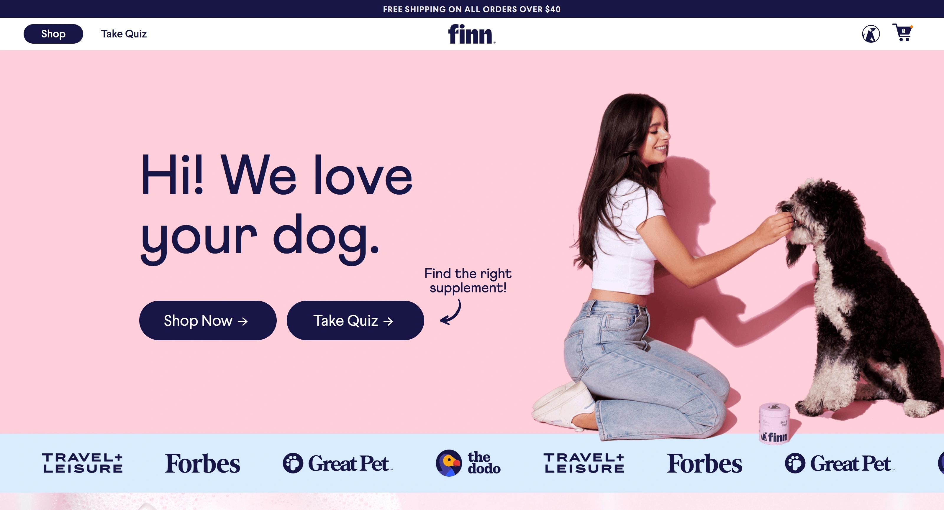 Finn Секция «Первый экран» с сайта https://www.petfinn.com/, тематика — Домашние животные, цвета — Белый, Серый, стиль — Минимализм, типографика — Без засечек