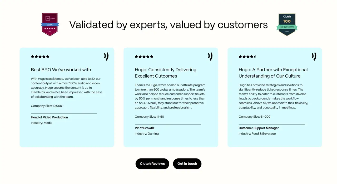 Секция «Отзывы» с сайта https://hugoinc.com/, тематика — Бизнес и профессиональные услуги, цвета — Белый, стиль — Корпоративный, Карточный, типографика — Без засечек
