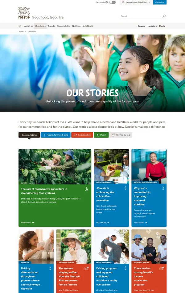 Страница о компании Nestlé, тематика — Еда и напитки, цвета — Белый, Серый, Синий, стиль — Корпоративный, типографика — Без засечек