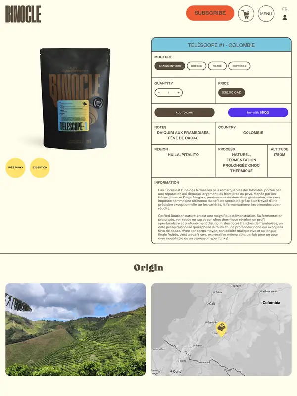 Продукт Café Binocle, тематика — Еда и напитки, цвета — Белый, Серый, стиль — Минимализм, Органический и природный, типографика — Без засечек, Декоративные