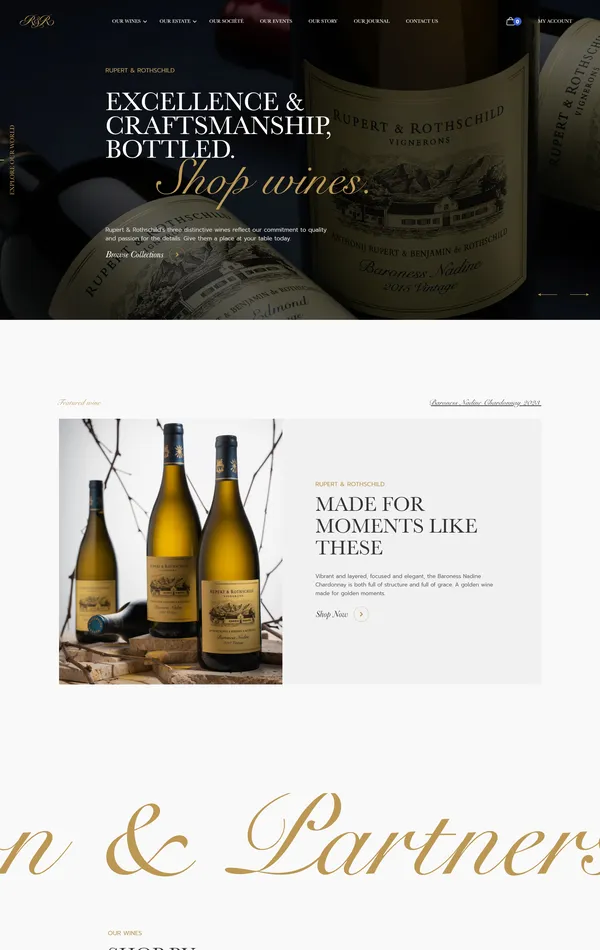 Главная Rupert Rothschild Vignerons, тематика — Еда и напитки, цвета — Белый, Черный, Серый, стиль — Корпоративный, типографика — С засечками, Без засечек