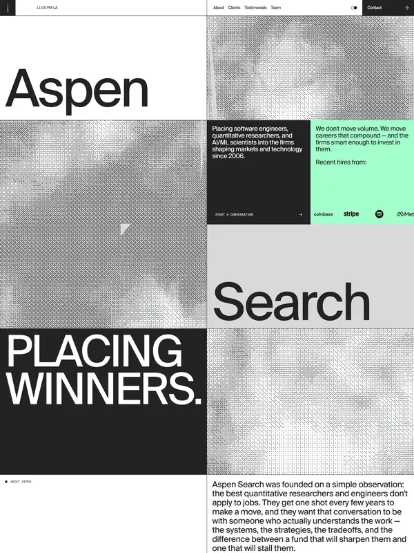 Лендинг Aspen Search, тематика — Бизнес и профессиональные услуги, цвета — Белый, Черный, Серый, стиль — Минимализм, Брутализм, типографика — Без засечек