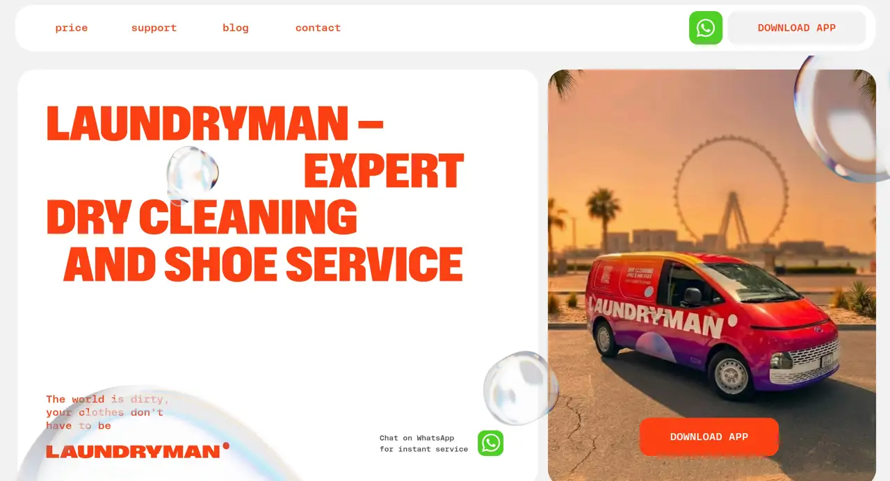 Секция «Первый экран» с сайта https://laundry-man.com/, тематика — Интернет-магазин, цвета — Белый, Серый, Розовый, стиль — Брутализм, типографика — Без засечек, Декоративные