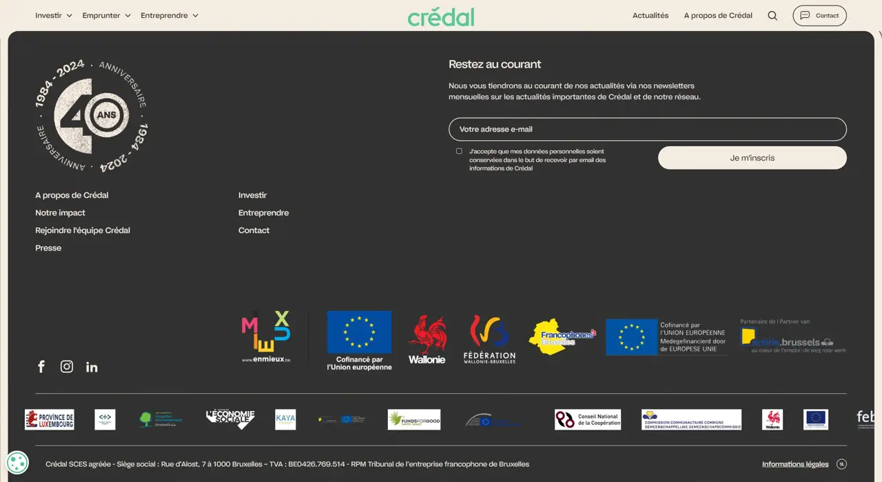 Секция «Футер» с сайта https://www.credal.be/, тематика — Финансы, цвета — Черный, Серый, стиль — Корпоративный, Минимализм, типографика — Без засечек