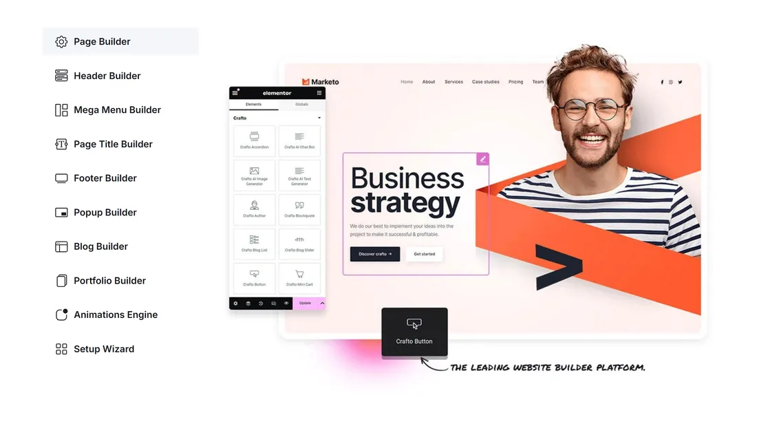 Секция «О продукте» с сайта https://crafto.themezaa.com/#, тематика — IT и программное обеспечение, цвета — Белый, стиль — Корпоративный, типографика — Без засечек