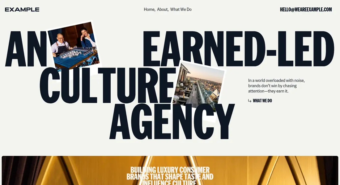 Секция «Первый экран» с сайта https://www.weareexample.com/, тематика — Агентство , цвета — Белый, Черный, Серый, стиль — Типографика, Брутализм, типографика — Без засечек