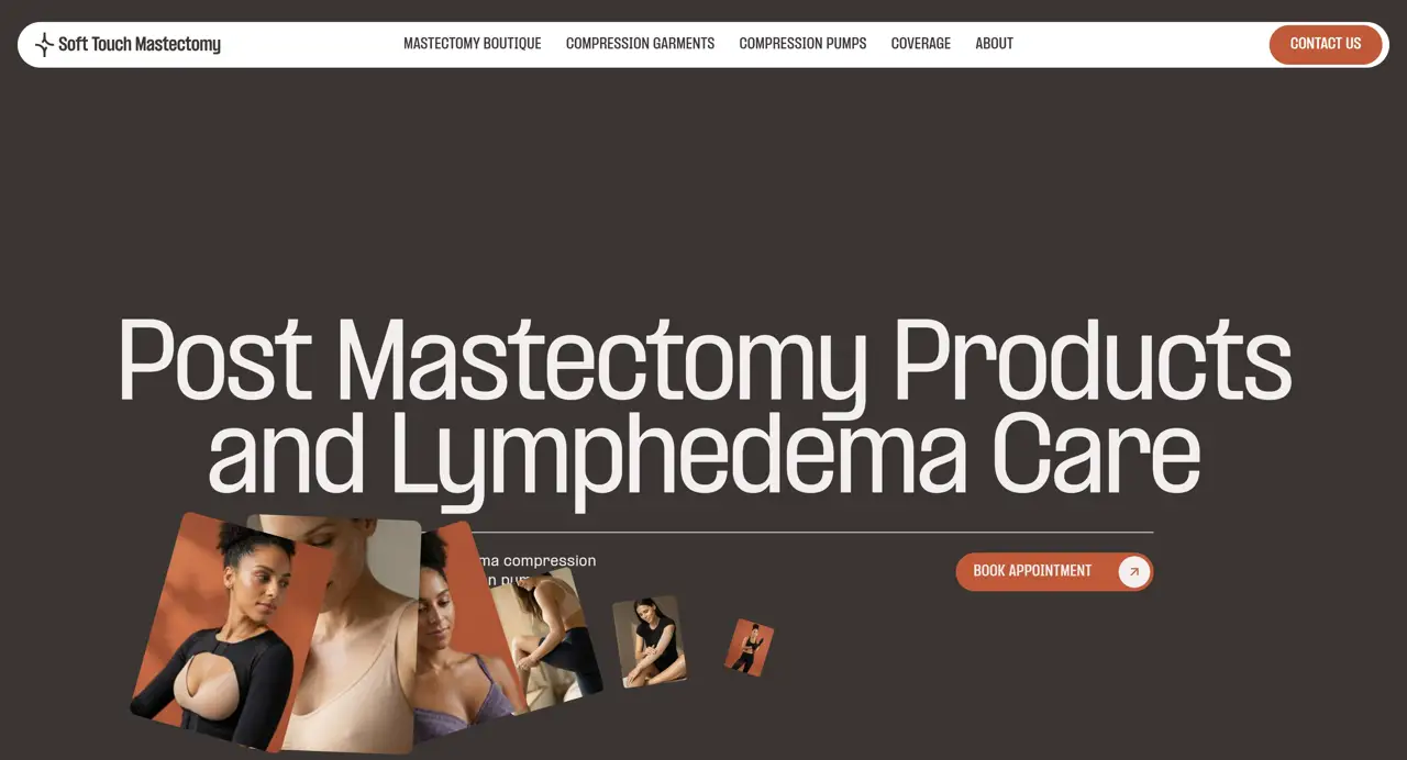 Секция «Первый экран» с сайта https://softtouchmastectomy.com/, тематика — Здоровье и фитнес, цвета — Черный, Серый, стиль — Корпоративный, Карточный, типографика — Без засечек, Декоративные