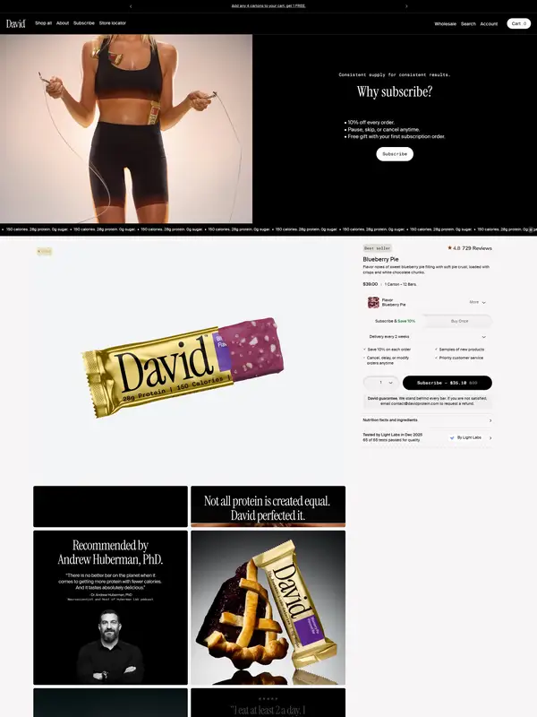 Главная David Protein, тематика — Здоровье и фитнес, цвета — Белый, Черный, Серый, стиль — Карточный, Минимализм, типографика — Без засечек, Декоративные