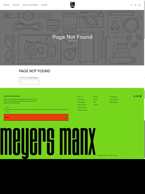 404-страница Meyers Manx, тематика — Другое, цвета — Серый, Зеленый, стиль — Минимализм, Брутализм, типографика — Без засечек, Декоративные