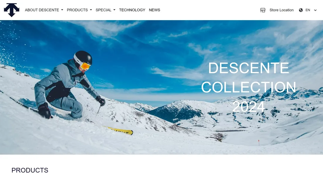 Секция «Первый экран» с сайта https://www.descente.com/en/, тематика — Интернет-магазин, Одежда, цвета — Белый, Серый, Синий, стиль — Корпоративный, Минимализм, типографика — Без засечек