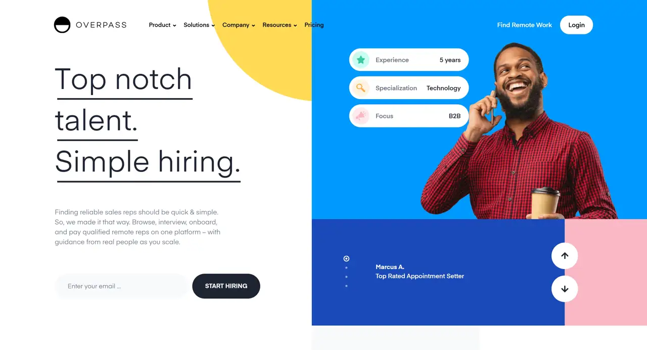 Секция «Первый экран» с сайта https://www.overpass.com/, тематика — SaaS, цвета — Белый, Синий, стиль — Корпоративный, Минимализм, типографика — Без засечек