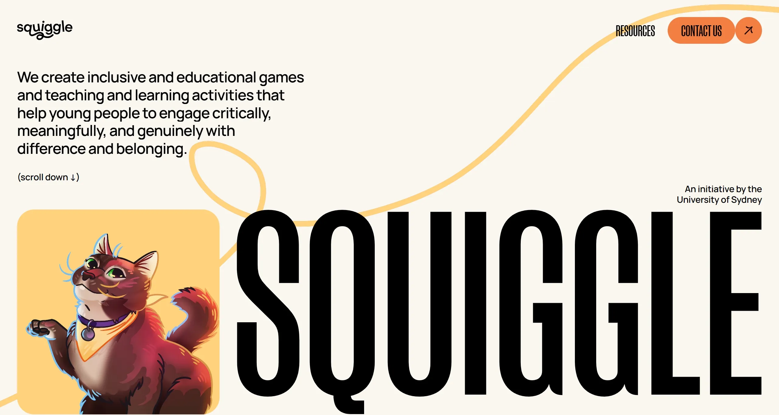 Секция «Первый экран» с сайта https://squigglee.webflow.io/, тематика — Образование, цвета — Белый, Черный, Серый, стиль — Типографика, типографика — Без засечек, Декоративные