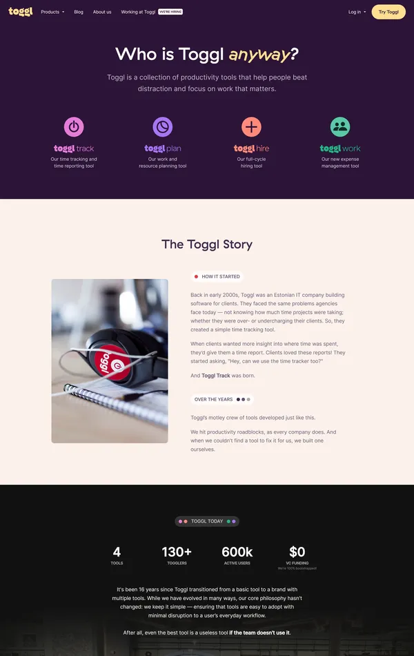 Страница о компании Toggl Track, тематика — IT и программное обеспечение, цвета — Белый, Черный, стиль — Корпоративный, типографика — Без засечек, Рукописные