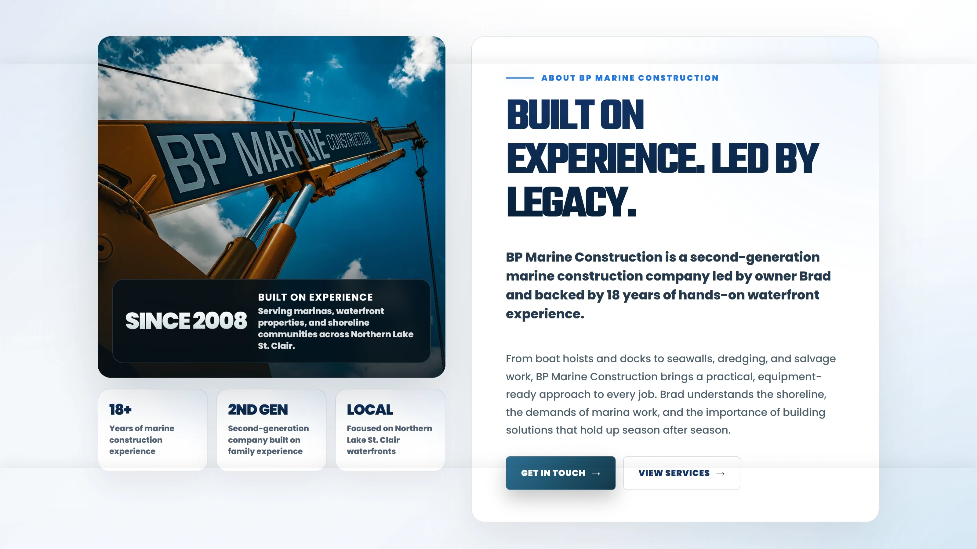 BP Marine Construction Секция «О компании» с сайта https://bpmarineconstruction.com/, тематика — Строительство, цвета — Белый, Черный, Серый, стиль — Корпоративный, Карточный, типографика — Без засечек, Декоративные