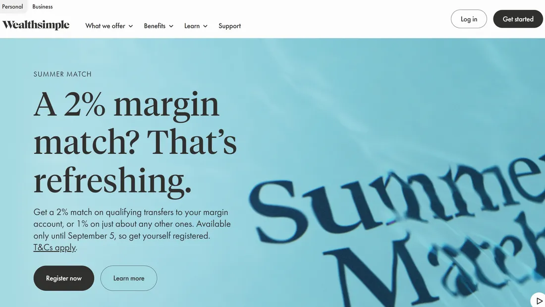 Секция «Первый экран» с сайта https://www.wealthsimple.com/en-ca, тематика — Финансы, цвета — Белый, Серый, стиль — Корпоративный, Минимализм, типографика — С засечками, Без засечек