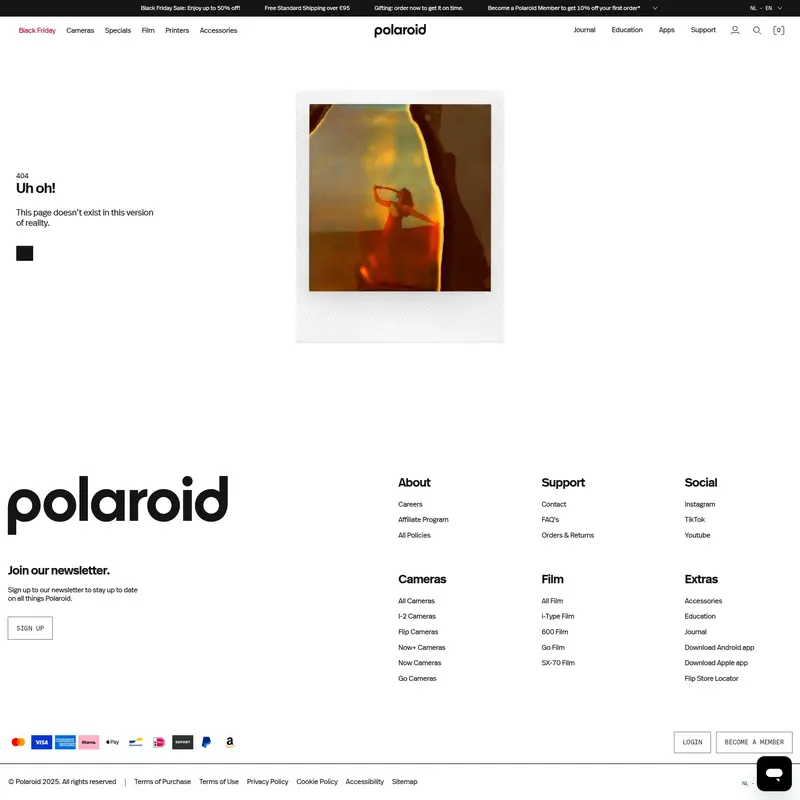 404-страница Polaroid, тематика — Интернет-магазин, цвета — Белый, стиль — Минимализм, типографика — Без засечек