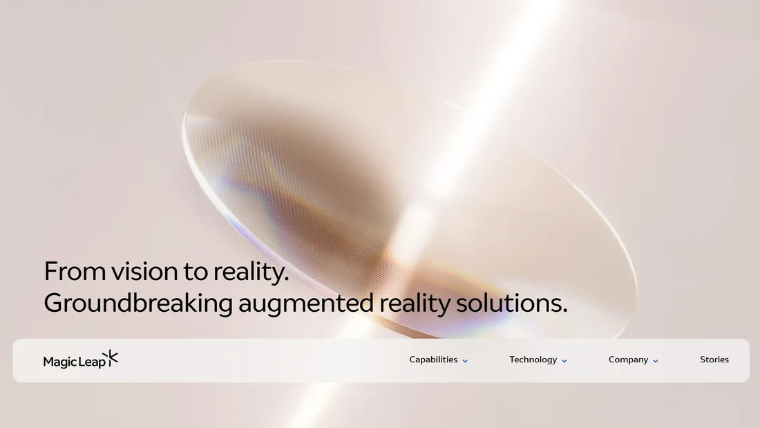 Секция «Первый экран» с сайта https://www.magicleap.com/, тематика — IT и программное обеспечение, цвета — Белый, Серый, стиль — Минимализм, Полигональный, типографика — Без засечек